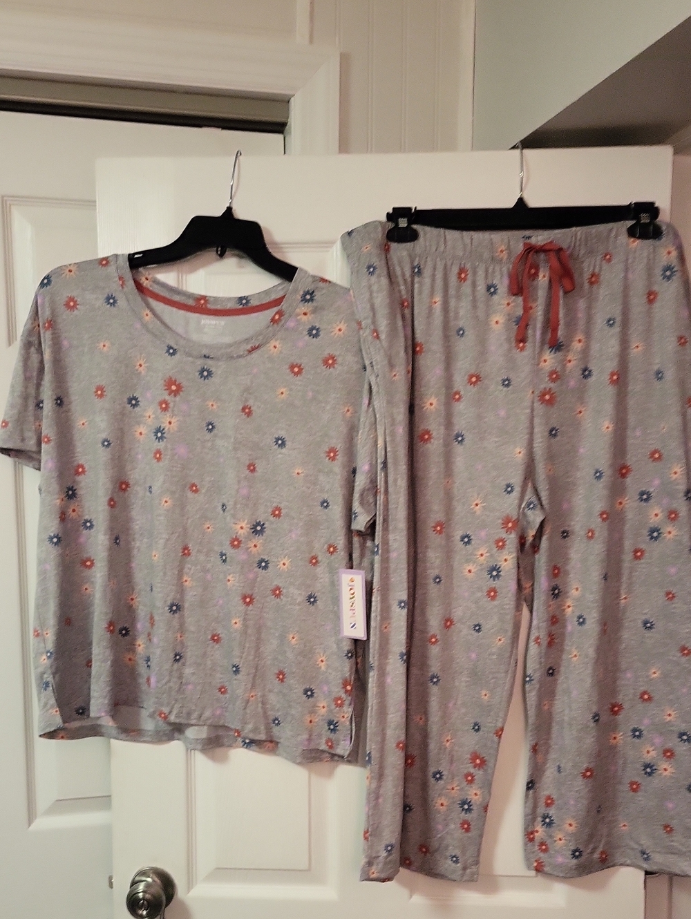 Women's Grey Floral Pajama Set with Orange Accent